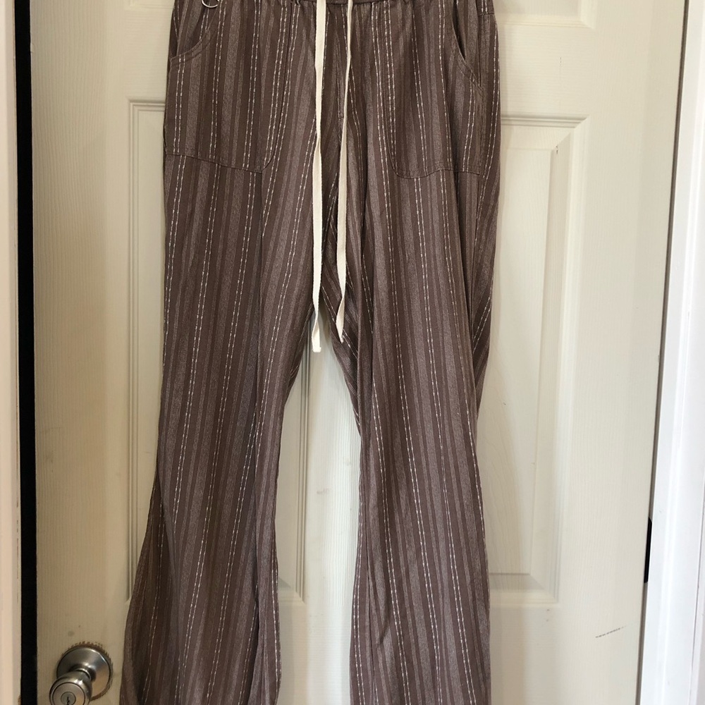 Rewash Wide-Leg Drawstring Pants Linen Blend Small Brown Striped Beach Casual - Picture 2 of 12
